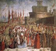CARPACCIO, Vittore, Scenes from the Life of St Ursula:The Pilgrims are met by Pope Cyriacus in front of the Walls of Rome